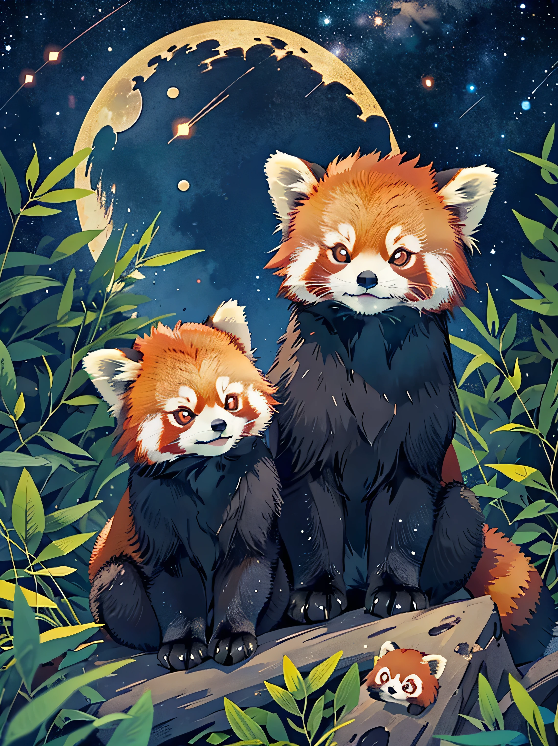 a close up of a red panda sitting on a hill under a starry sky in a bamboo forest, vector art by Kubisi art, tumblr, stars in her gazing eyes, night starry sky full of stars, dark and stars in the background, in outer space, moon, star pupils, short ears, looking at viewer 