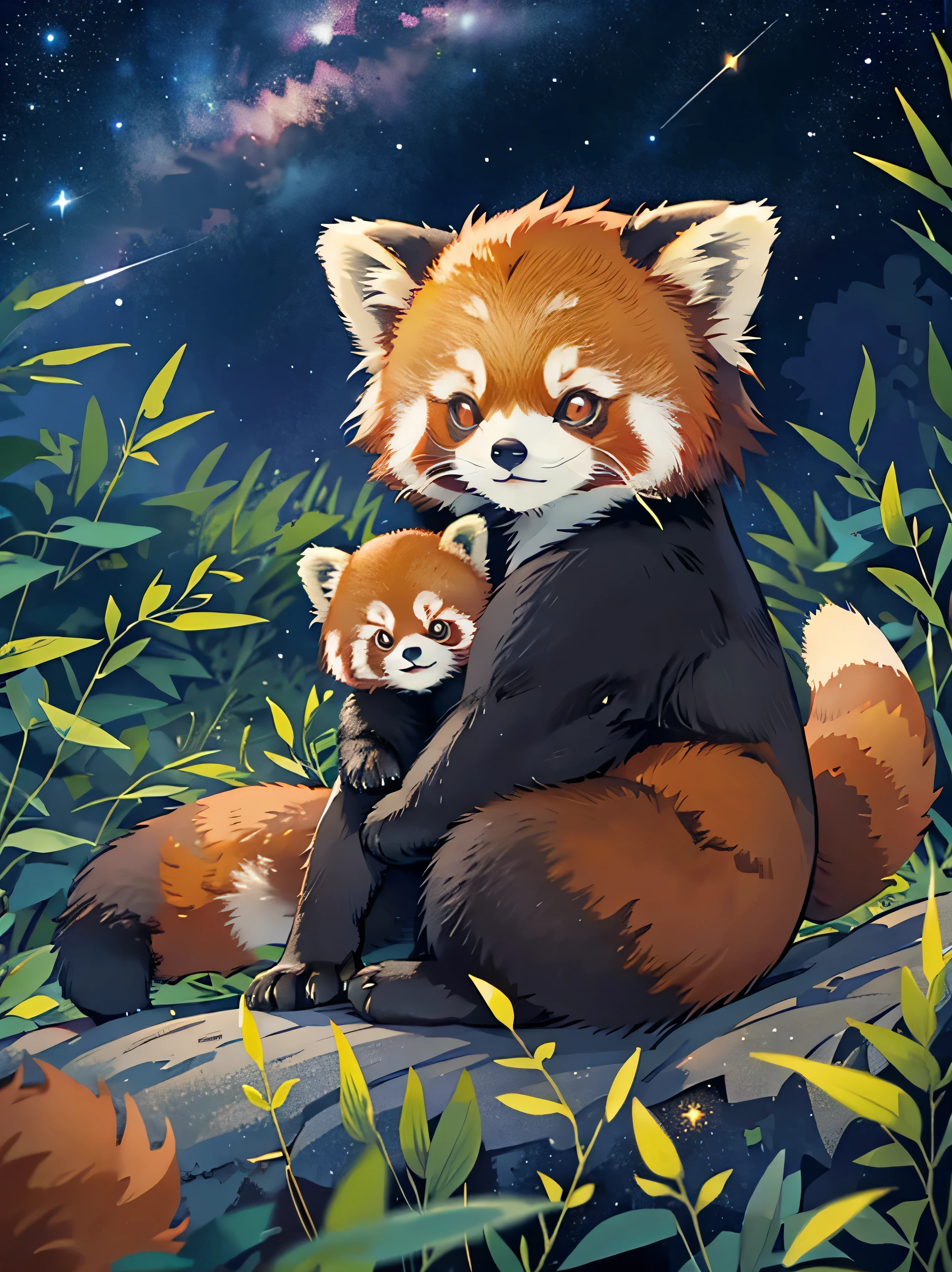 a close up of a red panda sitting on a hill under a starry sky in a bamboo forest, vector art by Kubisi art, tumblr, stars in her gazing eyes, night starry sky full of stars, dark and stars in the background, in outer space, moon, star pupils, short ears, looking at viewer 