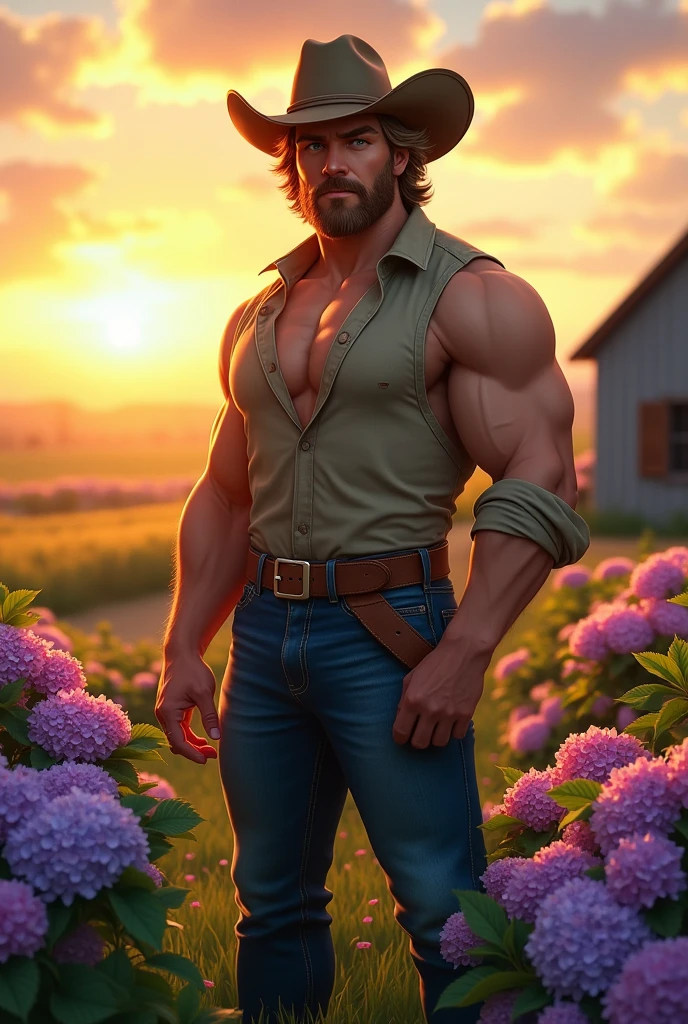 1man, muscular body,smiling, long hair, black hair, big beard, shirtless, jeans pants, cowboy boots, farm background 