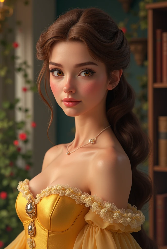 Ultra realistic photography, half body, medium shot of (Princess belle), (Disney's beauty and the beast), majestic, (Unimaginably beautiful princess), enchanting, mesmerising, lifelike, detailed realistic silky hair, (detailed face and eyes:1.2), bright glassy hazel eyes, smoky eyes, beautiful eyelashes, highly realistic glistening pearly skin, skin pores, perfect nose, luxurious jewelleries, seductive smile, detailed glossy reddish full lips, curvaceous, sensual, busty, bursting breasts, toned abs, ultra high definition, HDR, 8K, giga pixel, at a magically fantastic palace, volumetric lightings, cinematic