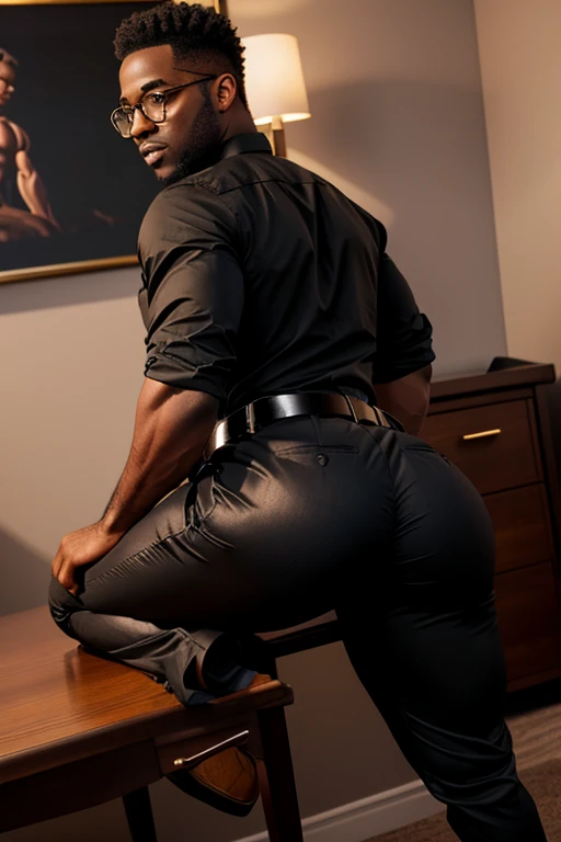 Height 2 meters,Slightly overweight black man. 20 years old. Handsome young face.Dark skin.Shiny skin. at the hotel. Very sexy posing for the camera. muscular. Wearing a black skinny suit . Big Ass Boy. Smooth body and face. See the abdomen. The legs are long, very long. bending. Front view. Greenery, Lying in bed,