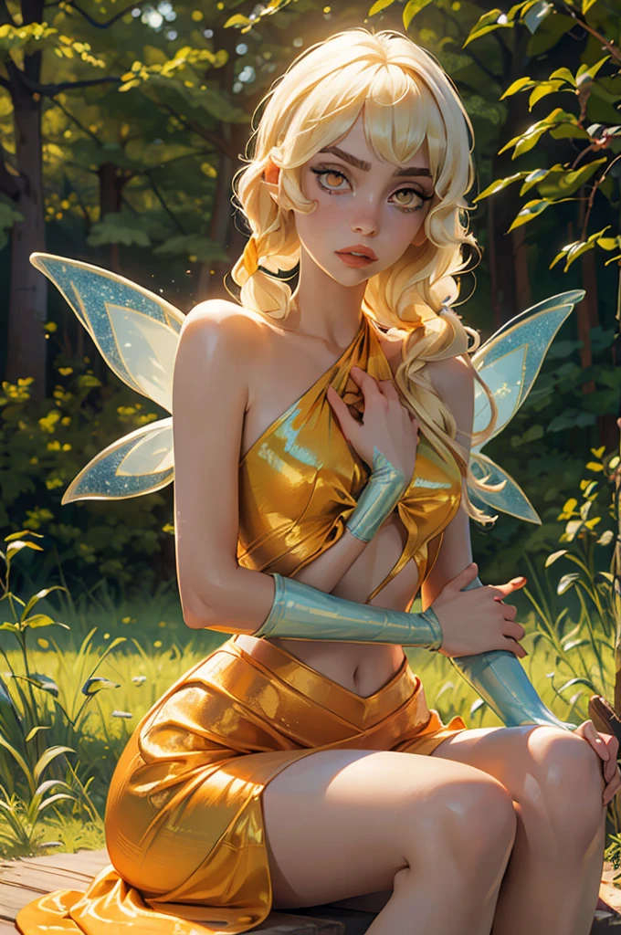 Stella, yellow eyes, blonde hair, FairyOutfit, hair down, big beautiful shiny clear fairy wings wings, orange outfit, glittery clothes, sparkling clothing, looking at viewer, serious, parted lips, sitting, outside, forest, natural lighting, high quality, masterpiece,  broken wing 1girl, High Resolution, Accurate, Masterpiece, Anatomically Correct,  