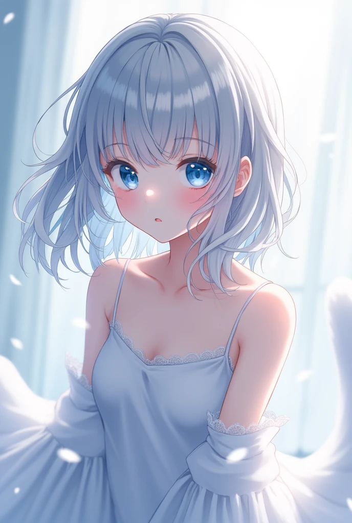 nsfw,1girl,pale hair,Crevice,Cleavage,pallid,pale colors,pale eyes,masterpiece,best quality,very aesthetic,absurdres,blue eyes,nightgown lift,