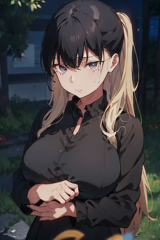 1 female, teenage girl, black long sleeve dress, blonde long hair, rosa cheeks, huge breast, doll store, sad face, girl, black flowers, sad dark sky, black nails, tears in her face, sadness