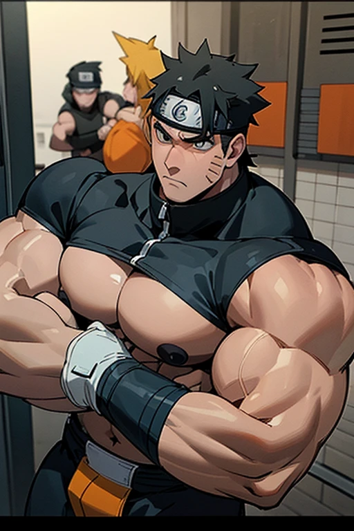 Naruto Uzumaki and Kakashi stand in a locker room being brainwashed by Sasuke's Sharingan to be big dumb muscle thralls with slumped shoulders and slack jaws saying, "Bigger ... dumber.... Must ... obey ... Uchihah Clan.... Yes, Master Sasuke, ... I am too stupid to lead. I am your dumb muscle thrall. I obey.... Stare. Sink. Dumb. Obey. Flex. Serve. Grow. Obey. I obey.... We obey.... Obey Master Uchihah.... All will serve. All will obey...." Hyper muscles. Big biceps. Big triceps. Big traps. Broad shoulders. Big meaty pecs. Big deltoids. Hyper swollen crotch bulge. Bro. Meathead. Musclehead. Dumber and dumber. IQ drain. Brainwash. Brainwashed. Brainwashing. Hypnosis. Hypnotized. Trance. Entranced. Brute. Brutification. Hairy chest. Hairy armpits. Treasure trail. Stubble. Muscle. Obedient thrall. stupid. vapid. Stupid stare. vapid stare. Dullard. Dimwit. Dimwitted. Entranced. Bro.