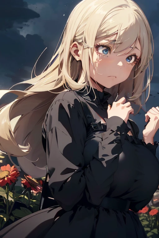 1 female, teenage girl, black long sleeve dress, blonde long hair, rosa cheeks, huge breast, doll store, sad face, girl, black flowers, sad dark sky, black nails, tears in her face, sadness