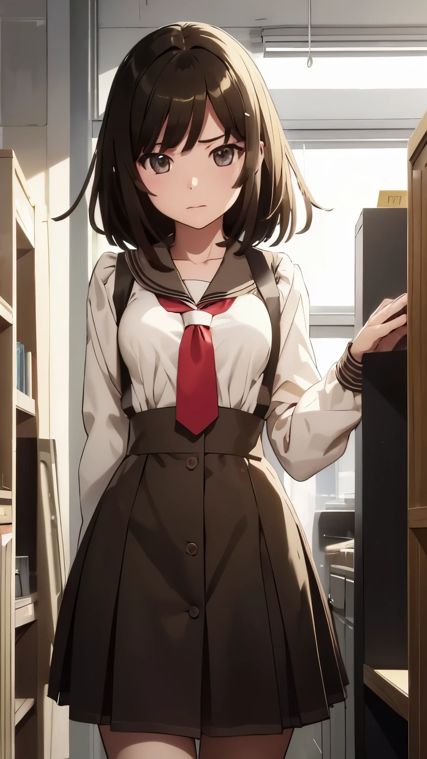 { masterpiece : best quality : high resolution : unity 8k wallpaper : illustration : beautiful detailed eyes : extremely detailed face : perfect lighting : extremely detailed CG : perfect hands : perfect anatomy } { in_a_mechanical_workshop }  { 1girl : Nadeko_Sengoku : cute_face : lolicon : short_brown_hair  : Perfectly_small_shaped_breast : Perfectly_fit_body :  short_body : serious : school_uniform } { standing }