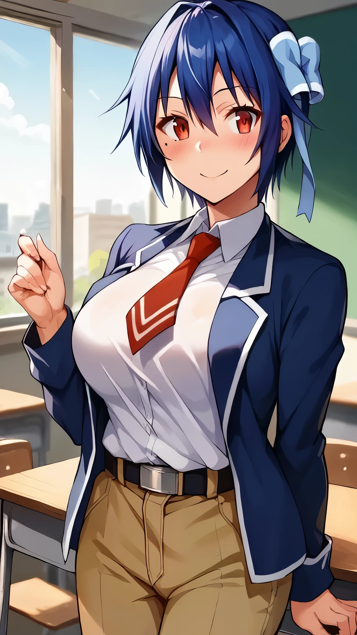 Score_9, Score_8_wonderful, Score_7_wonderful, Score_6_wonderful, sauce_anime, 1 person, solo BREAK tsugumi seishirou, Mole under the eye, Blue Hair, Short Hair, Hair Ribbon, Blue jacket, White shirt, Collared shirt, Red tie, belt, Brown pants, large breasts, cool, blush, smile, classroom, blue sky