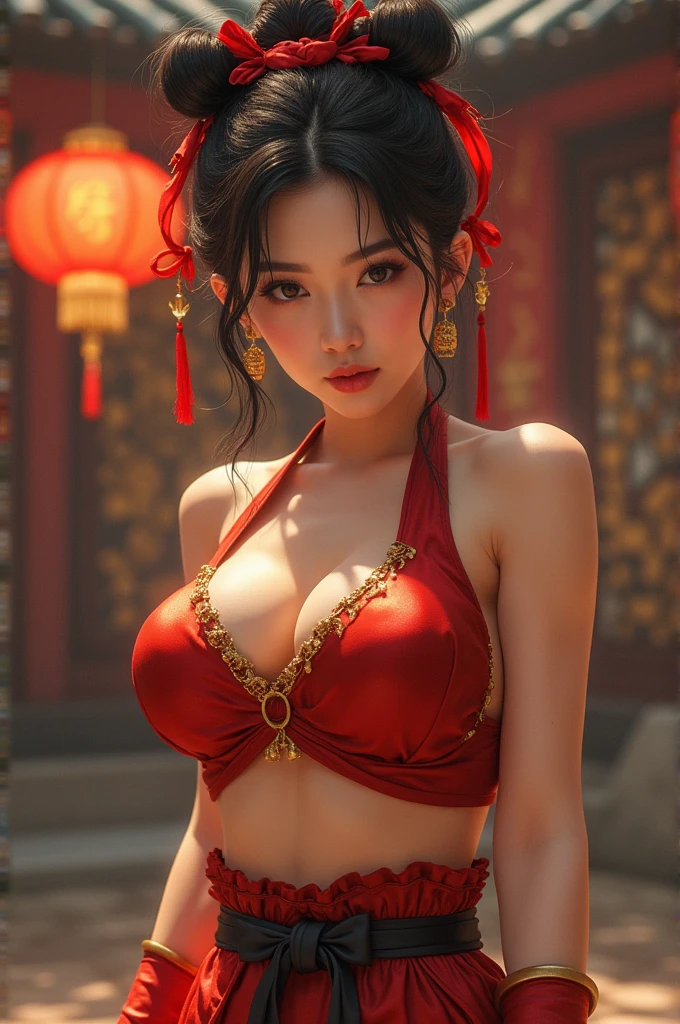 4K, UHD, masterpiece, solo girl, good face, detailed eyes, detailed lips, very long hair, straight hair, very long hair, beautiful hair, hair ornaments, hairband, sexy bun with ponytail hair, ((Chinese ancient bride dress), (photorealistic:1.5), (Realistic big breasts:1.35), (Slender six pack abs), (smile), ((NSFW:0)), ((busty Cleavage)), ((( enchanting body, red lipstick, stockings, Chinese courtyard, bold dress, sexy buttocks, d-cup, breast focus, closeup))), sardine, ornaments, necklace, earring, high lighting, depth of field, ray tracing, ultra-realistic detail