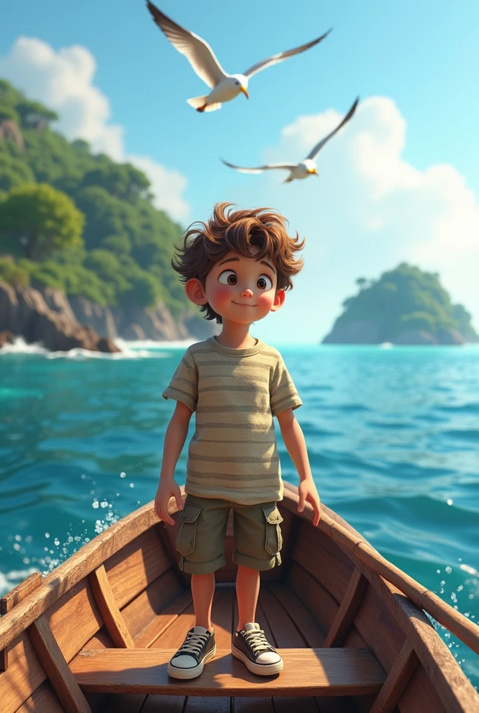 movie picture quality，Disney animation style，A little boy swims in the sea with a koi in his arms，short detailed hair，Denim suspenders，The barefoot，depth of fields，high light，Real light，Ray traching，oc rendered，Hyper-realistic，best qualtiy，8K，Works of masters，super-fine，Detailed pubic hair，Correct ???????，sharp focus on eyes，Bokeh，Facial features are carefully depicted