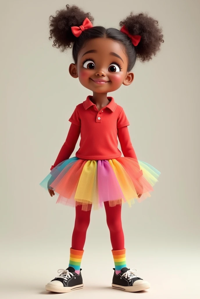 Ultra realistic vivid imagen of a /imagine a teenage girl wearing a orphanage uniform, a dark blue flared dress, a watercolor-splash-printed shirt underneath (yellow, orange, lilac), a neon pink belt, moccasin pink, White socs. The girl is standing with a straight posture and a cheerful smile, she has blue eyes and light brown straight hair with a side-swept bang on the left. She has Latino features and fair skin. White background like a soap opera promocional photo. Realistic pic, primal work, 8k