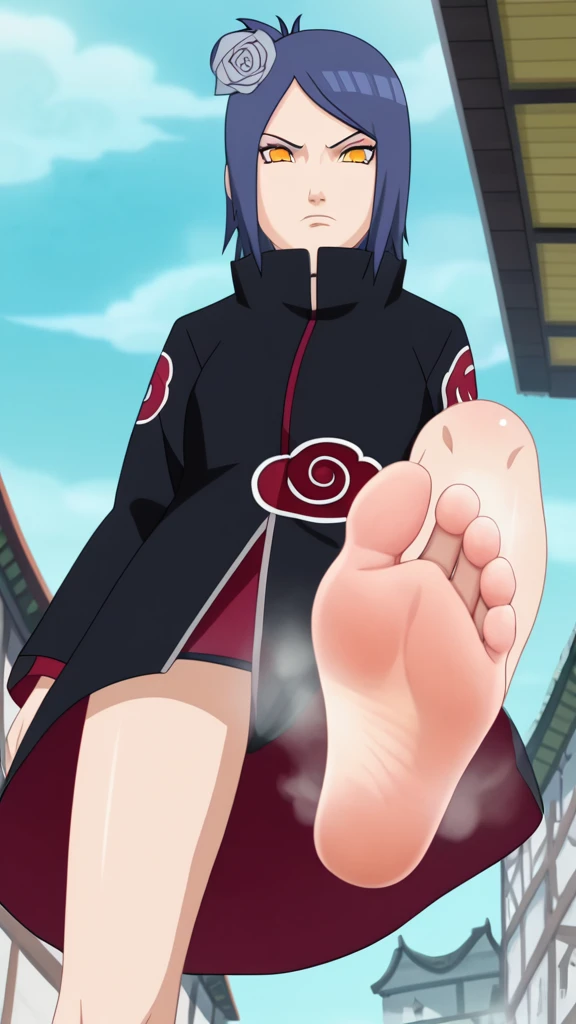 The woman \(Naruto\), Alone, 1girl, closed_mouth, akatsuki outfit, (akatsuki outfit:1.1), flower, hair flower, (Orange eyes:1.2), black coat，anime screencap, anime coloring，Alone，In the village of Japan，angry，Dark gray blue hair，Many white papers falling from the sky，A lot of white paper in the sky，Hands hidden in sleeves，Soles出汗，barefoot，Perfect feet，水从Soles滴落，Steam around feet，Five toes per foot，Low Angle，front，Soles，One-leg stand，Lift one foot，Foot Focus，high resolution, Anatomically correct, Focal length 35mm, 