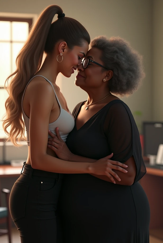 Create a photo of a 30 year old young woman, with long light brown hair tied in a ponytail with a lock of hair over her face, slender and beautiful body, wearing green sweatpants and an open white shirt without a bra with bare breasts, with white and clear skin, is facing the camera being hugged and lifted high into the air by two elderly black ladies, dark-skinned, obese, ugly, low, with short hair who is wearing a blue dress and glasses