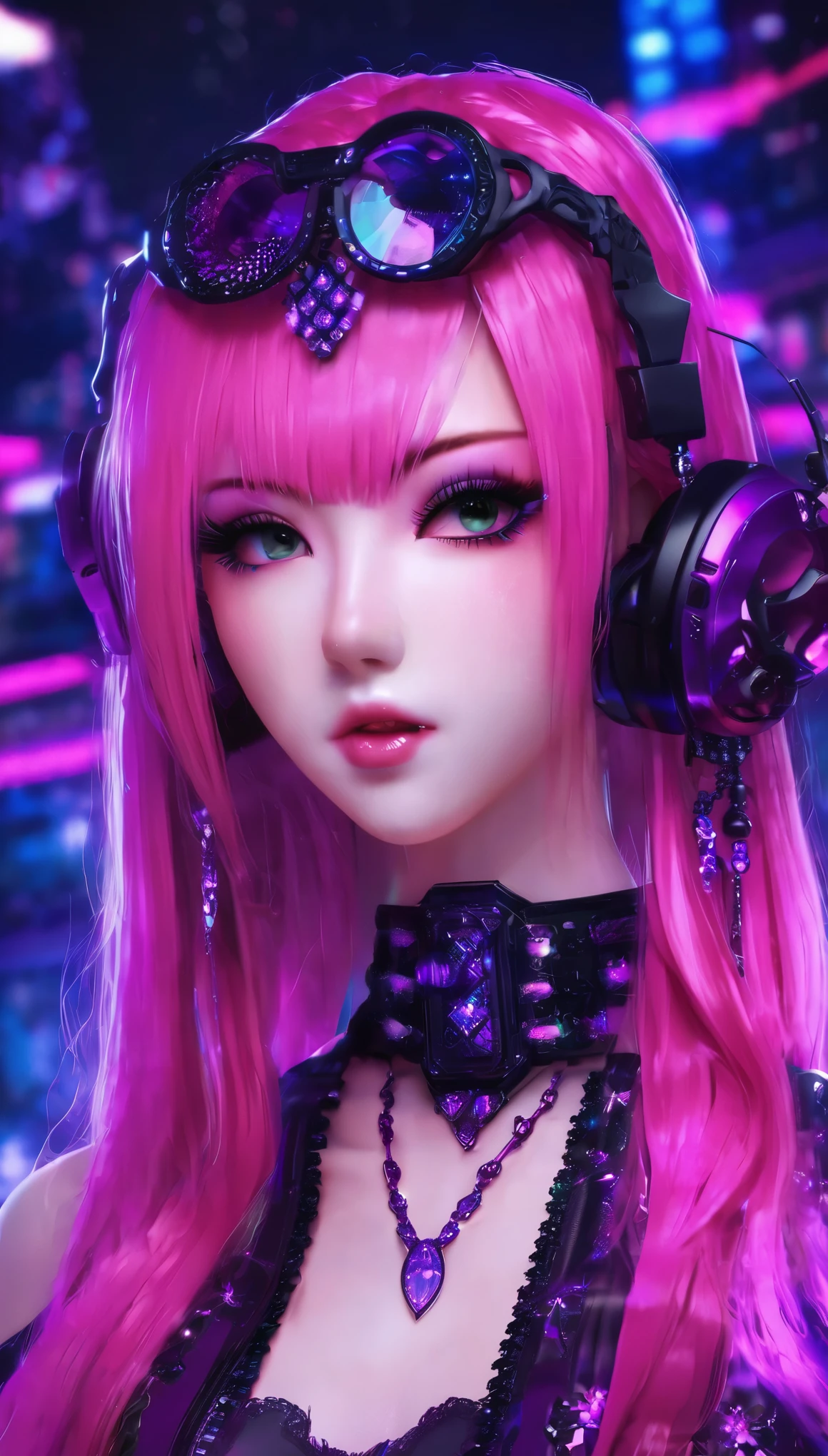 1 cyber goth girl, Long hair in a pink color with a gradient of violet, cyber goth clothing, very colorful scene, neon lights, cyber ornaments, computers, computer terminals, Japanese manga style:1.5. HD,Hyper detailed and realistic 8K, skin texture:1.4. AC_neg1, AniPnyXLQual