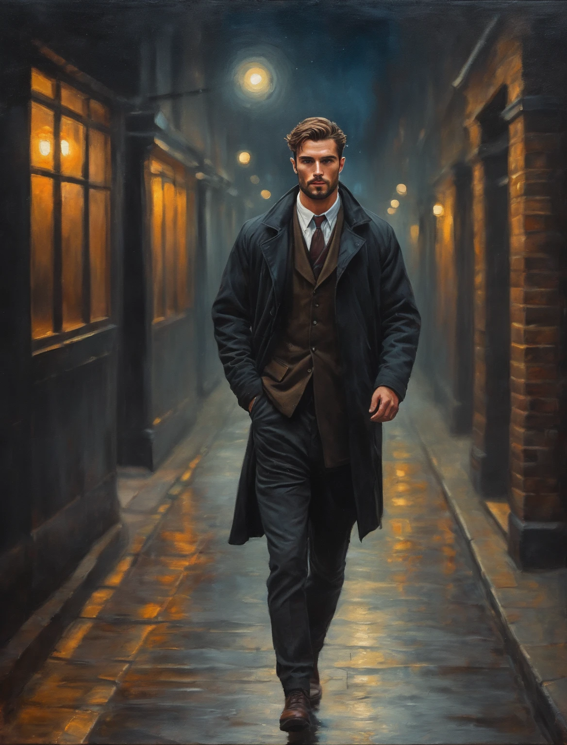 handsome,masculine,english,man, walking in the night, oil painting style 