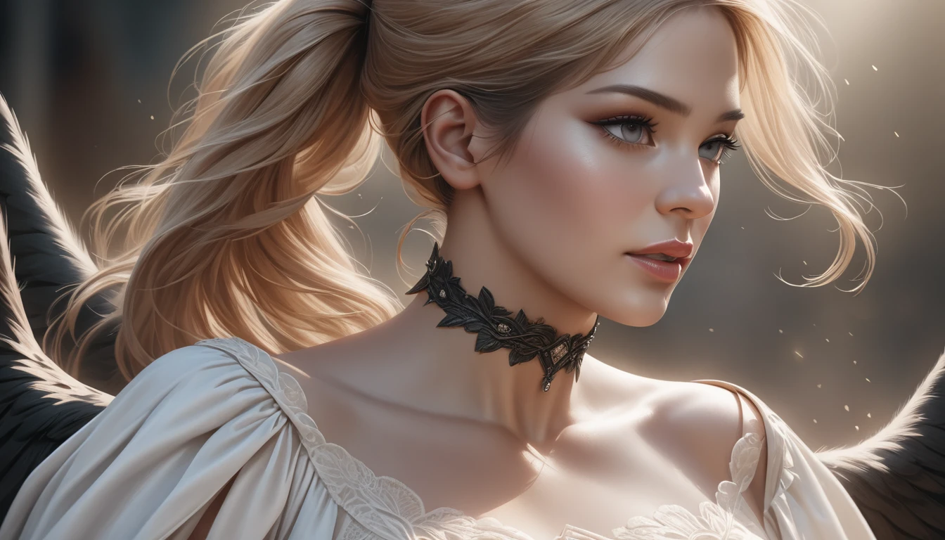 a beautiful woman with long blond hair in a side ponytail, wearing a white dress and white jacket, black wings, a choker, large breasts, off-the-shoulder, (best quality, 4k, 8k, highres, masterpiece:1.2), ultra-detailed, (realistic, photorealistic, photo-realistic:1.37), detailed eyes, detailed lips, extremely detailed face, long eyelashes, beautiful portrait, detailed clothing, dramatic lighting, vibrant colors, cinematic, fantasy, magical realism