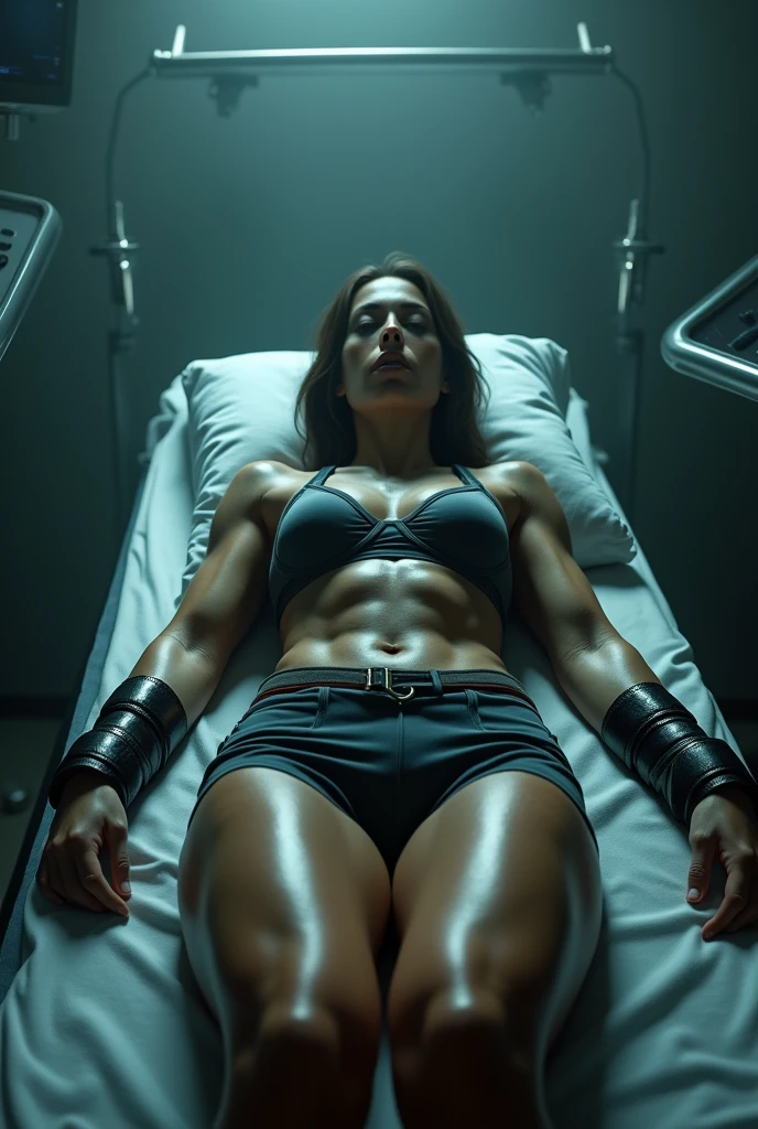 ((Highest quality)), ((masterpiece)), (detailed), Chun-Li has her legs spread on the examination table and gets her genitals examined、Insertion of medical instruments into the genitals、Hand and foot restraints、Blindfold、Anus is visible、Desperate look、Many Hands、Amazing muscles, nude, 6 pack abs