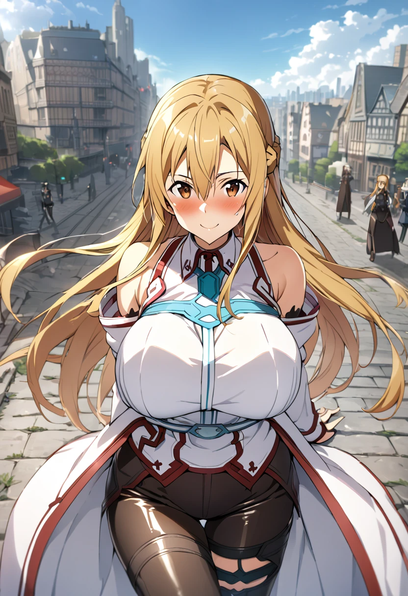 a blonde woman with brown eyes, ON A BATTLEFIELD, big breasts, SMILE(Best Quality:1.3), (4K quality), 1 mature woman, asuna by sword art, ((detailed face)), (blush), City, (leather pants)