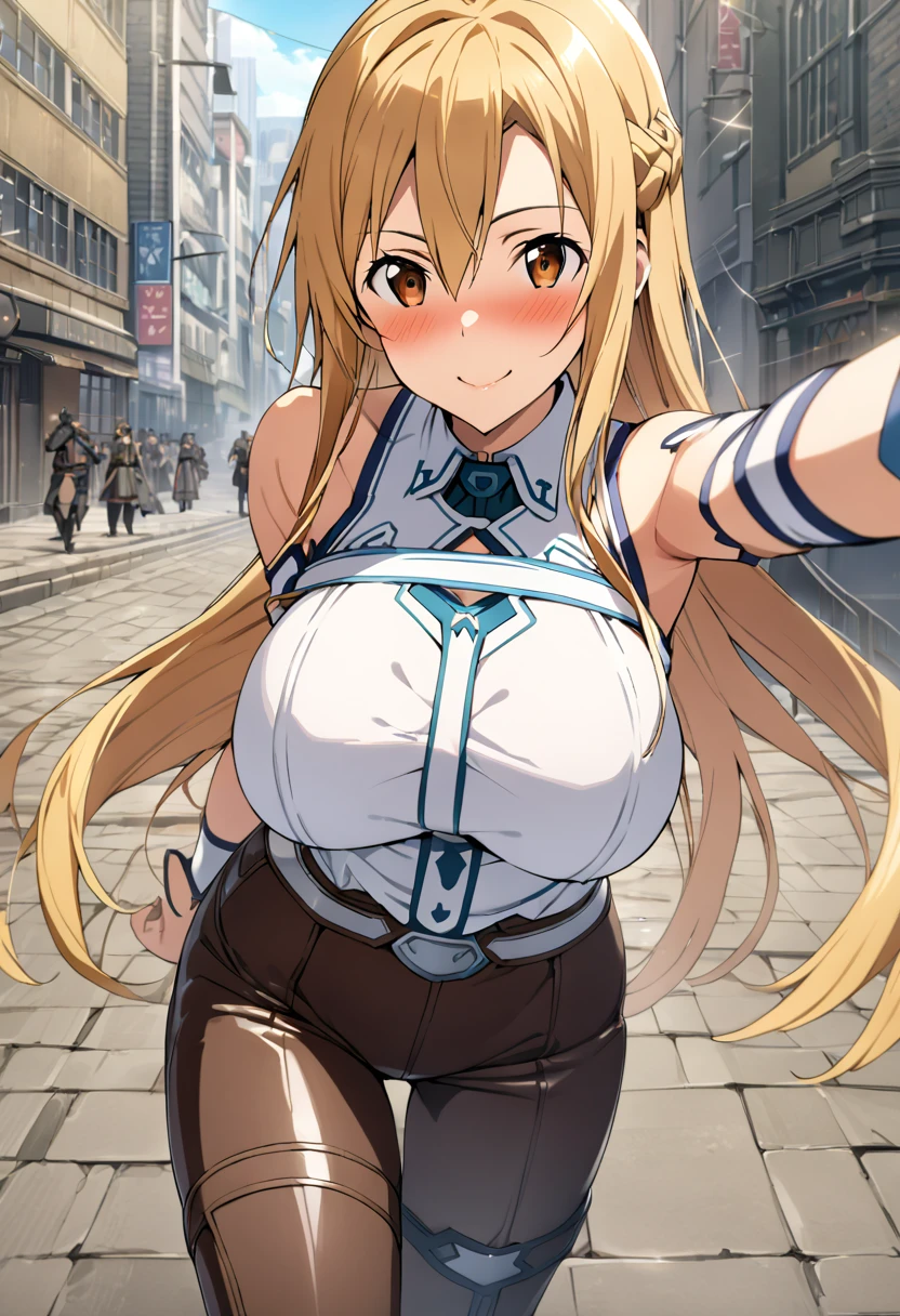 a blonde woman with brown eyes, ON A BATTLEFIELD, big breasts, SMILE(Best Quality:1.3), (4K quality), 1 mature woman, asuna by sword art, ((detailed face)), (blush), City, (leather pants)