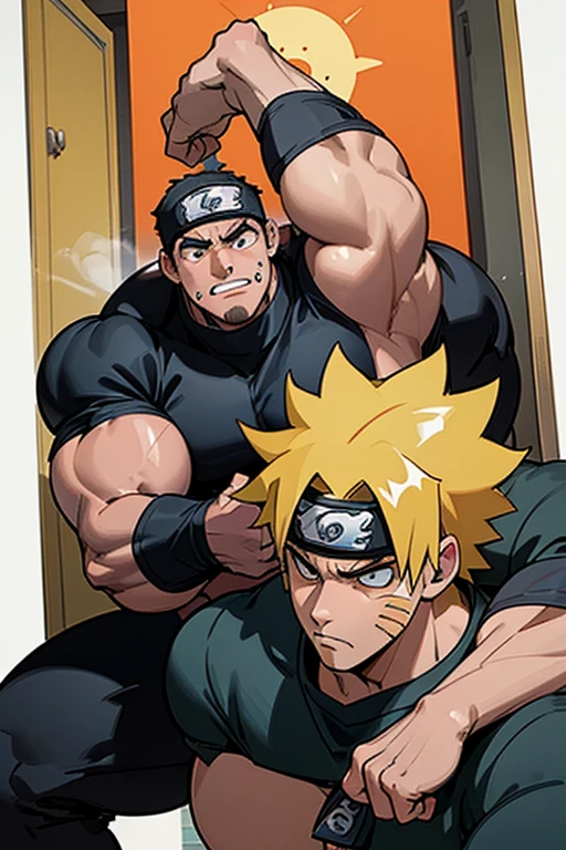 Naruto Uzumaki and his clones stand in a locker room being brainwashed by Sasuke's Sharingan to be big dumb muscle thralls with slumped shoulders and slack jaws saying, "Bigger ... dumber.... Must ... obey ... Uchihah Clan.... Yes, Master Sasuke, ... I am too stupid to lead. I am your dumb muscle thrall. I obey.... Stare. Sink. Dumb. Obey. Flex. Serve. Grow. Obey. I obey.... We obey.... Obey Master Uchihah.... All will serve. All will obey...." Hyper muscles. Big biceps. Big triceps. Big traps. Broad shoulders. Big meaty pecs. Big deltoids. Hyper swollen crotch bulge. Bro. Meathead. Musclehead. Dumber and dumber. IQ drain. Brainwash. Brainwashed. Brainwashing. Hypnosis. Hypnotized. Trance. Entranced. Brute. Brutification. Hairy chest. Hairy armpits. Treasure trail. Stubble. Muscle. Obedient thrall. stupid. vapid. Stupid stare. vapid stare. Dullard. Dimwit. Dimwitted. Entranced. Bro.