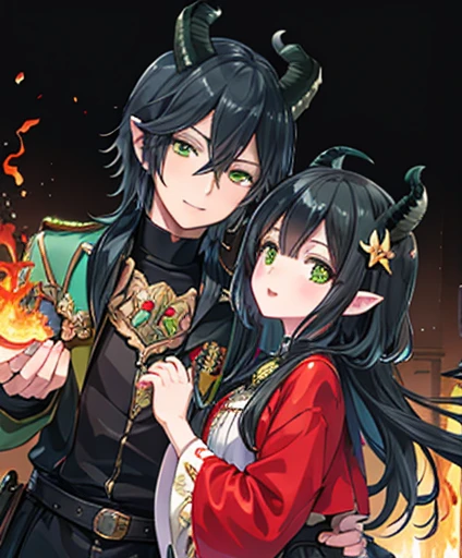 Masterpiece,Best quality,offcial art,Extremely detailed Cg Unity 8K wallpaper, 2 people one male and one young girl, black hair and green eyes with horns holding hands