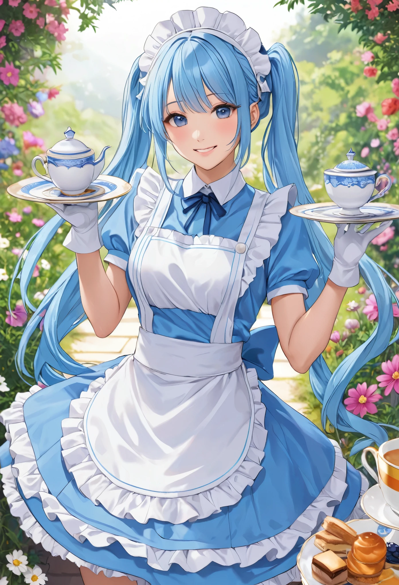 A garden surrounded by cosmos、庭園内野外Maidカフェ、apron, Light blue long hair, Twin tails、smile、cup, Blue Dress, elbow_gloves, enMaided, gloves, head dress, length_hair, Maid, Maid_apron, Maid_head dress, teacup, Waist_apron, Waitress、
 