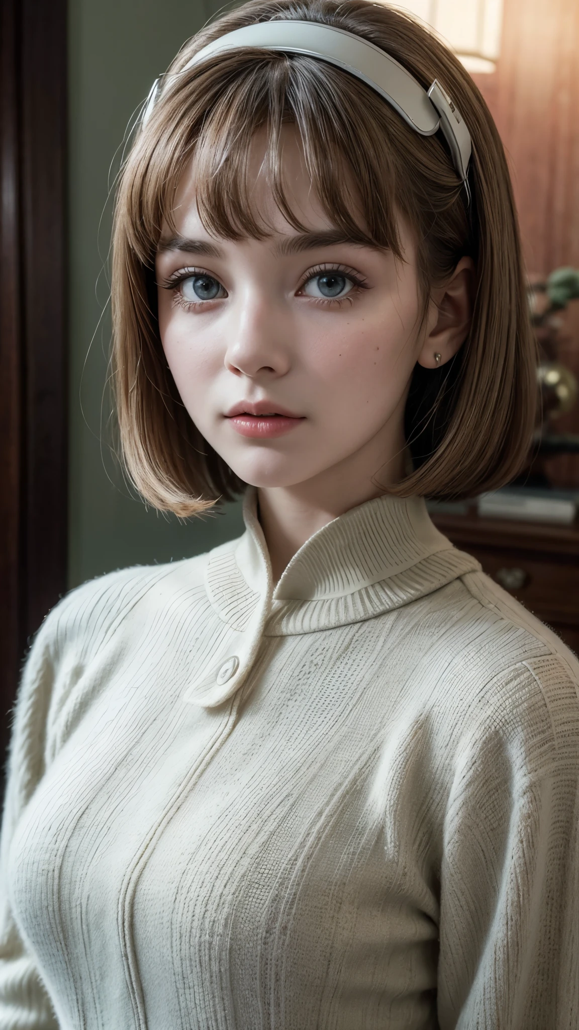 Short hair and white summer knit, summer knit, short hair, short hair with bangs, girl with cute face, cute fine face in portrait, French bob, pale fair skin!!, short brown hair and big eyes, soft portrait shot 8 k, beautiful light big eyes, beautiful young girl, young girl in a bob cut, best image quality, masterpiece, notes of Leonardo da Vinci da Vinci, Leonardo da Vinci's manuscript as a background