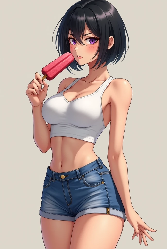 A girl wearing a ripped black tank top, monocle, tattoo on left arm, short hair with a braid, sweatpants, eating an ice cream popsicle, detailed facial features, hyperrealistic, highly detailed, dramatic lighting, cinematic, vibrant colors, 8k, HDR, photorealistic, professional digital art