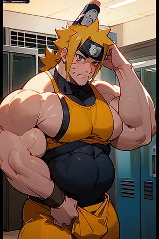 Naruto Uzumaki and his clones stand in a locker room being brainwashed by Sasuke's Sharingan to be big dumb muscle thralls with slumped shoulders and slack jaws saying, "Bigger ... dumber.... Must ... obey ... Uchihah Clan.... Yes, Master Sasuke, ... I am too stupid to lead. I am your dumb muscle thrall. I obey.... Stare. Sink. Dumb. Obey. Flex. Serve. Grow. Obey. I obey.... We obey.... Obey Master Uchihah.... All will serve. All will obey...." Hyper muscles. Big biceps. Big triceps. Big traps. Broad shoulders. Big meaty pecs. Big deltoids. Hyper swollen crotch bulge. Bro. Meathead. Musclehead. Dumber and dumber. IQ drain. Brainwash. Brainwashed. Brainwashing. Hypnosis. Hypnotized. Trance. Entranced. Brute. Brutification. Hairy chest. Hairy armpits. Treasure trail. Stubble. Muscle. Obedient thrall. stupid. vapid. Stupid stare. vapid stare. Dullard. Dimwit. Dimwitted. Entranced. Bro.