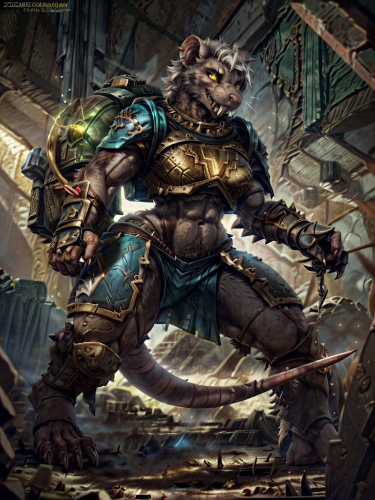 solo,anthro, rat, rodent, skaven, fluffy, safe, rat tail, hairy, warhammer fantasy, vermintide, front view, black body:1.3,masterpiece,highly detailed,8k resolution,solo,ultra detailed perfect piece,masterpiece,extremely detailed CG 8k,very fine 8K CG,best quality,absurdres,zoomed out view,full body view, full length portrait,((anthro)), 8k, 4k, 2k, detailed, intricate, (female), ((solo)), ((detailed fur)),Perfect Anatomy

Detailed background,a desert themed wasteland in a battle feild, in control of other skaven

Character a very big and tall Skaven female,Dcups,thick thighs,feminine muscular with abs,muscular arms,muscular legs,short white hair in a bob cut,thick messy fur on the body,dark black fur only,golden yellow eyes,one singular long pink rat tail,a pink nose on her snout,sharp fanged teeth on the muzzle,hands and feet being pink and rat like paws like with long and sharp claws for, she is smiling and confidently
she wears nothing but a space marine’s armor but with no helmet or gloves, the armor is scavanged up and themed to fit for a skaven,armor has an energy shield powered by the green glow of warpstone, wears a backpack full of tools and weapons on the sides on it as well, has a large machine gun, a blue steel axe infused with electricity or lightling, also has a railgun for a sniper rifle too

by personalami, by zephyxus, by darkgem, by null-ghost, skaven, MFBP1