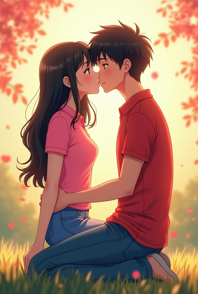A BOY kissing a girl with long straight black hair