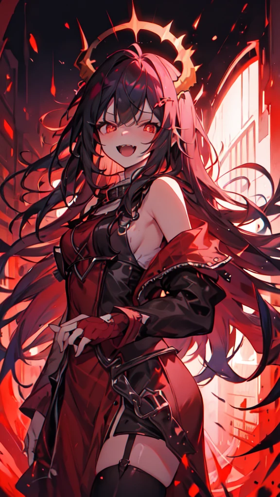 A black and red wolf Fury,Wearing a black trench coat,Holding a huge black sword in his hand,There is a blood drop pendant hanging around her neck.。