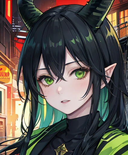 Masterpiece,Best quality,offcial art,Extremely detailed Cg Unity 8K wallpaper, 2 people one male and one young girl, black hair and green eyes with horns