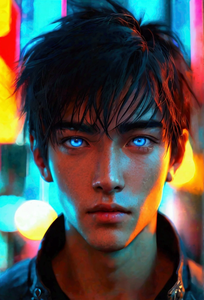 Close-up of a man&#39;s eyes、Sharp Eyes、blue eyes、Young Japanese man、close up of one eye、Dark Room、Cyberpunk、Photorealistic、3d、Male, around 30 years old、Images with high contrast