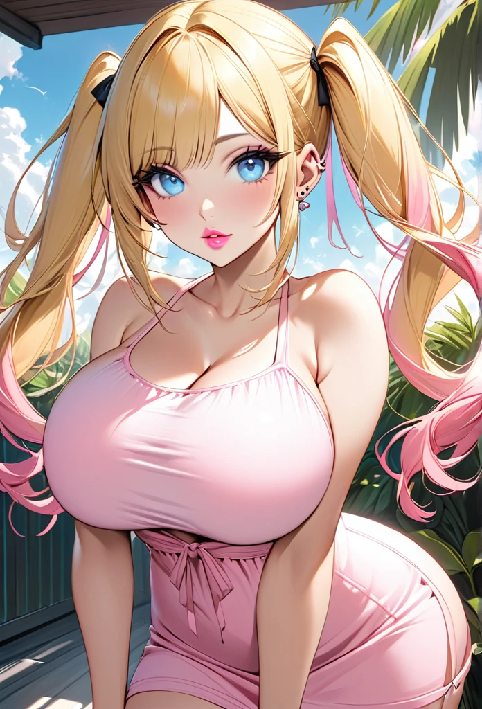 Woman, with very long blond hair, with pigtails, with light blue eyes, she is wearing a pink sundress, she has good hips, she has big boobs, she has piercings, she is wearing pink eyeshadow, she has pink lips.