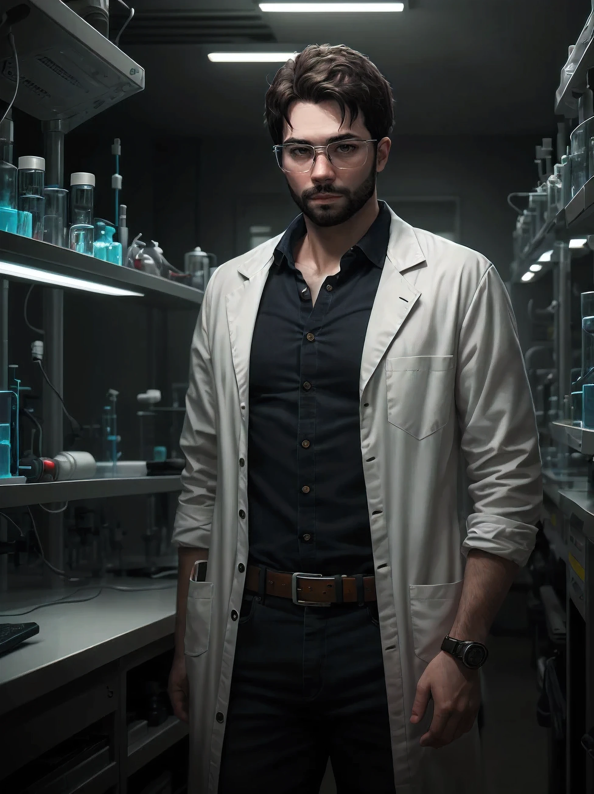 “Create a detailed digital artwork focusing on the face of a 30-year-old man named ‘PivaArts,’ with stubble, dark hair, and light brown eyes. He wears minimalist-style clothing influenced by the Resident Evil series, with a subtle tactical look—dark tones, fitted jacket, and utility belt. His face is framed by thin glasses, giving him an intellectual, yet rugged appearance. The setting is a nuclear research facility at dawn, with a cinematic lighting style that highlights the early morning glow streaming through windows. Behind him, a research center with high-tech equipment can be seen—computers with glowing screens, lab benches with scientific instruments, and a mix of sleek, futuristic technology. The scene is filled with soft shadows and warm hues, blending the sterile laboratory environment with the faint morning light, giving it a suspenseful and atmospheric feel.”