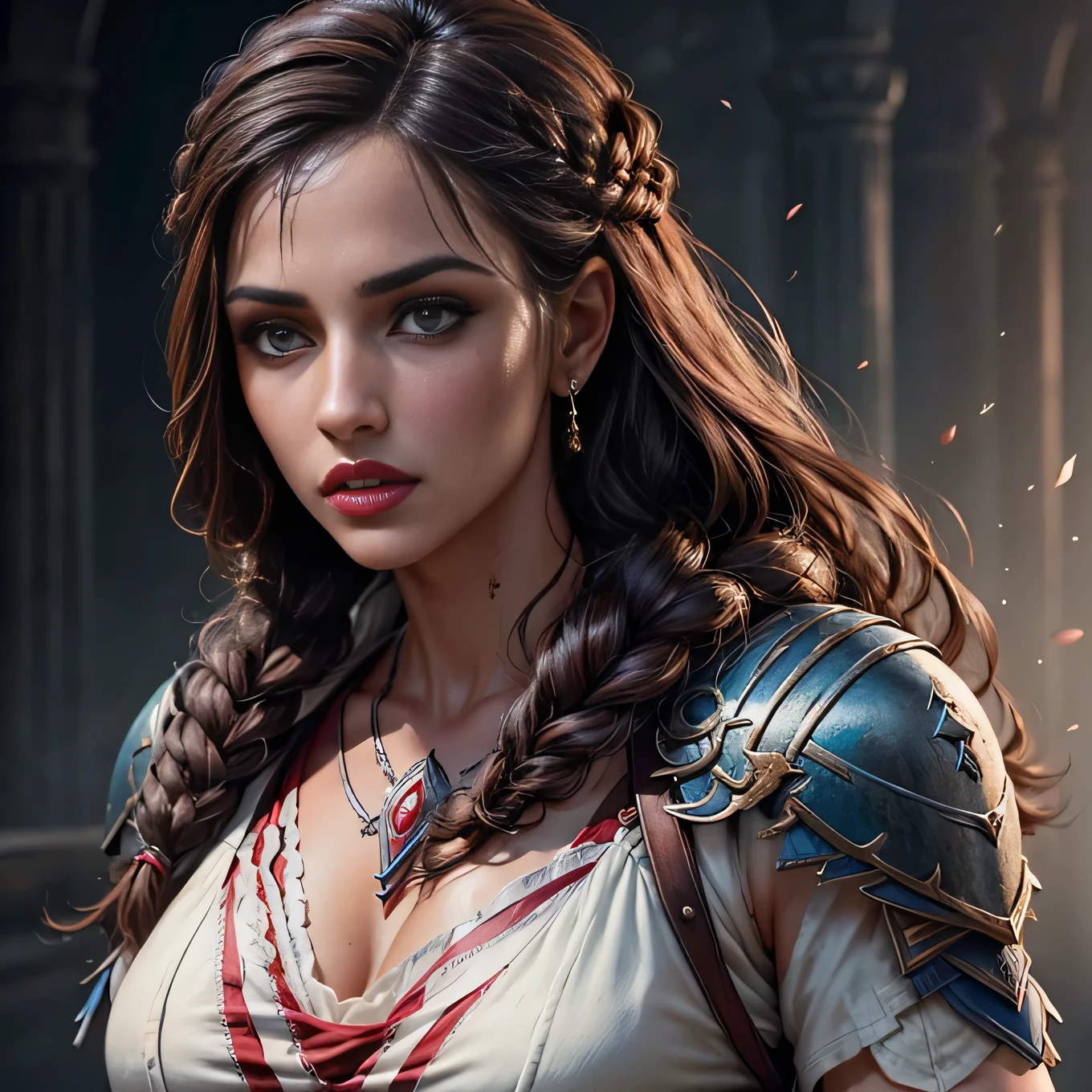 extremely detailed Kassandra Assassin's Creed,Detailed Lips,red lips,Detailed Eyes, brown eyes, detailed eyelashes, detailed face, textured skin, super detail lighting ((full body shot,))