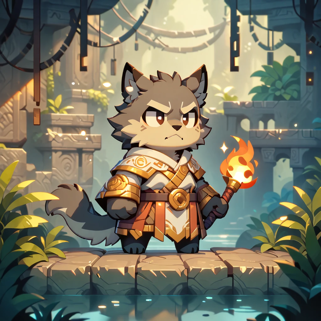 masterpiece, best quality, very aesthetic, absurdres, BREAK noise reduction, BREAK pixel art, chibi, [face:full body:10], looking away, dynamic angle, summoner, plump middle-aged wolf man, fluffy body, tail, brown eyes, beautiful beard, male face, big face, square jawline, male eyes, sharp eyes, big eyes, male eyebrows, innocent look, BREAK whip, summoning salamander, dynamic pose, BREAK [simple background::12], starry sky,  jungle ruins, outdoor,  