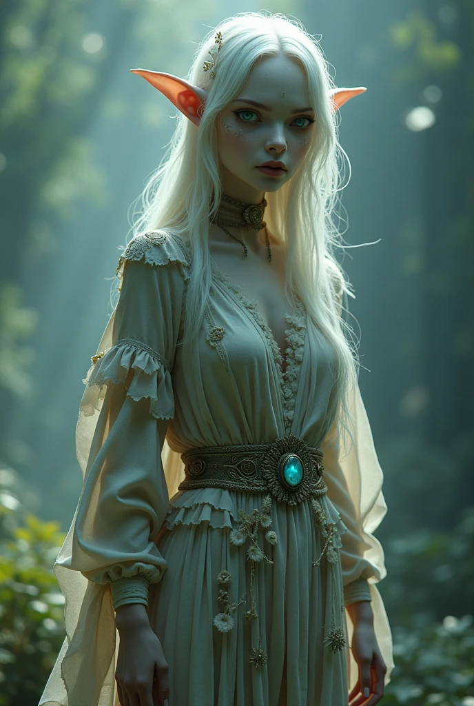 slender elf, with voluminous white hair, using white wooden mask, with medieval dress and leather corset, walking through a dark, foggy forest