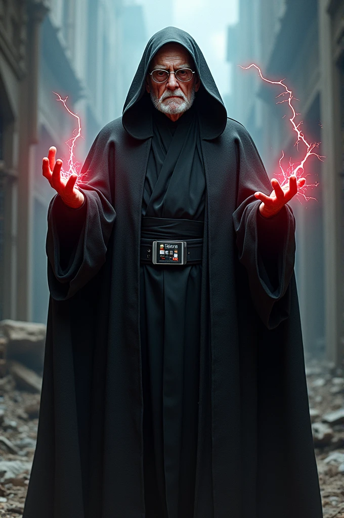 Realistic Darth Sidious with white robe and lightning bolts in his hands.