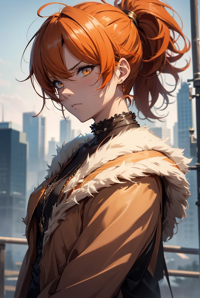 masterpiece, best quality), intricate details, 1 girl, woman, orange hair, nami \ (one piece\), (long hair), shirt, white shirt, female focus, clothes, collared shirt, pants, cape, black coat, shirt, sandals, pectorals, partially unbuttoned, cleavage, black coat on shoulders, nature, scenery, upper body, ((front view)) ((close up shot)) ((solo)) ((Twisted Updo: Long hair twisted and pinned up into an elegant updo, often with loose tendrils)) ((nami from one piece)) ((orange eyes))