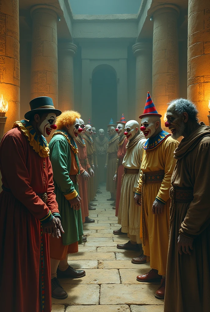 photo, a group of obese Adventurer clowns in a badly lit dungeon (ClownDungeon style:1) <lora:djzClownDungeon:0.8>