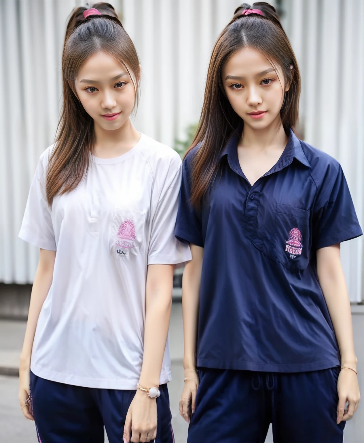 (best quality,10,10,height,Masterpiece:1.2),Special details,(realistic,ภาพrealistic,Realistic photos:1.37),1 Cute girl in the kitchen,shiny, ผิวshiny,only,smile softly,BDclothelue shirt:1.3)),short sleeve,shirt, กางเกงขาlong.,(navy_long_track pants:1.1), ((Kitchen Background)),Dynamic angle,excited,Face focus,dynamic poses,from behind,focus on ass,Masterpiece, best quality, ultra realistic, hyper detail, 8k resolution, raw photos, Sharp focus, ((Navy blue shirt:1.1)), short sleeve, เส้นทางlong, perfect body, 2 mature women, 18 years old, Cinema-grade lighting system,blue sweatpants,shirtผ้าออกกำลังกาย,correct anatomy,perfect body, correct body, Sharp face, correct bodyทางกายวิภาค, full body, realistic gestures, long-haired, realistic poses,Wear long shorts...........................,ช่วงขาlong,Good shape,carved girl, Slender figure, model, Good shape, beautiful body,blue sweatpants, two girls kissing