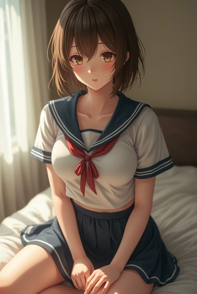 (((Perfect Anatomy, Anatomically correct, Very detailedな肌))), 1 girl, Japanese, high school girl, Shiny skin, 
Beautiful Hair, Beautiful Face, Beautiful fine details, (short hair:1.1, Bobcut:1.2), Light Brown Hair, blue eyes, , Mole under the eye, 
Beautiful clavicle, Beautiful body, Beautiful breasts, Large Breasts:0.5, Beautiful thighs, Beautiful feet, 
((Short sleeve, cute navy sailor suit, Navy Pleated Skirt, Navy sailor collar, Blue Sailor Scarf, stockings, Brown Loafers)), Captivating thighs, , 
((Ahegao, Embarrassing, Drooling, Open your mouth, Sweaty)), ((Spread your legs)), 
(Beautiful views), 
8k, highest quality, Masterpiece​:1.2, Very detailed), (Realistic), Beautiful illustrations, Natural light, Is urinating, ((Woman crucified on the cross：1.5))