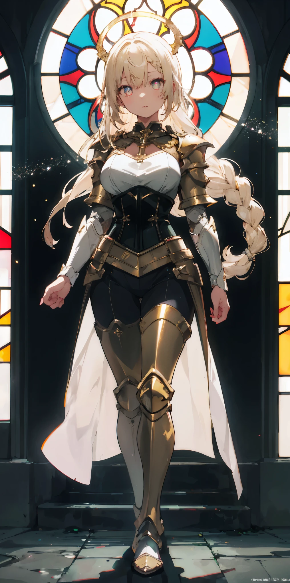 full body of paladin lady in ornate golden armor, black collar, pauldrons, breastplate, corset, glowing halo, single braid, blonde, yellow glowing eyes, bright pupils, eye focus, red cape, temple indoors, stained glass windows, night, moonlight, particles, light beam, chromatic aberration