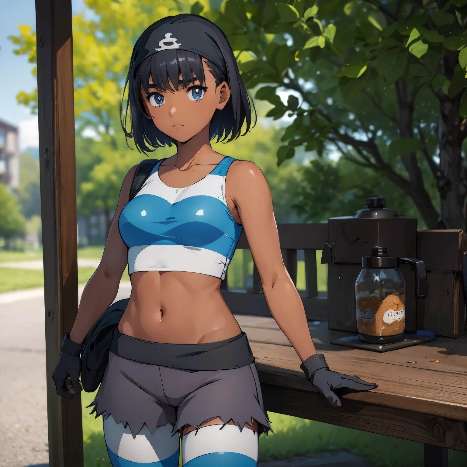 pkmntag, (insanely detailed, beautiful detailed face, masterpiece, best quality), ((masterpiece)),((best quality)),(highres), bokeh, looking at viewer, solo, 1girl, cowboy shot, bandana, striped crop top, armband, black shorts, black gloves, striped leggings, blue boots, medium breast, mio kofune, short hair, blue eyes, black hair, dark skin, dark-skinned female, bright pupils