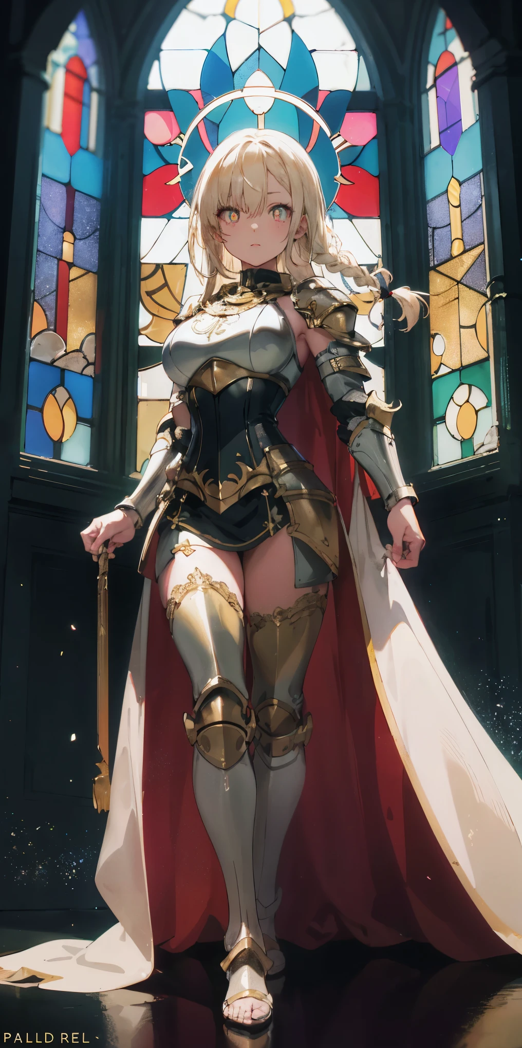 full body of paladin lady in ornate golden armor, black collar, pauldrons, breastplate, corset, glowing halo, single braid, blonde, yellow glowing eyes, bright pupils, eye focus, red cape, temple indoors, stained glass windows, night, moonlight, particles, light beam, chromatic aberration