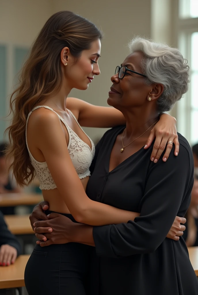 Create a photo of a single young woman aged 25, com pele branca e clara, slender and beautiful body, long brown hair, wearing black lace panties, and your white shirt is being opened by a 90 year old woman, obese, dark black skinned