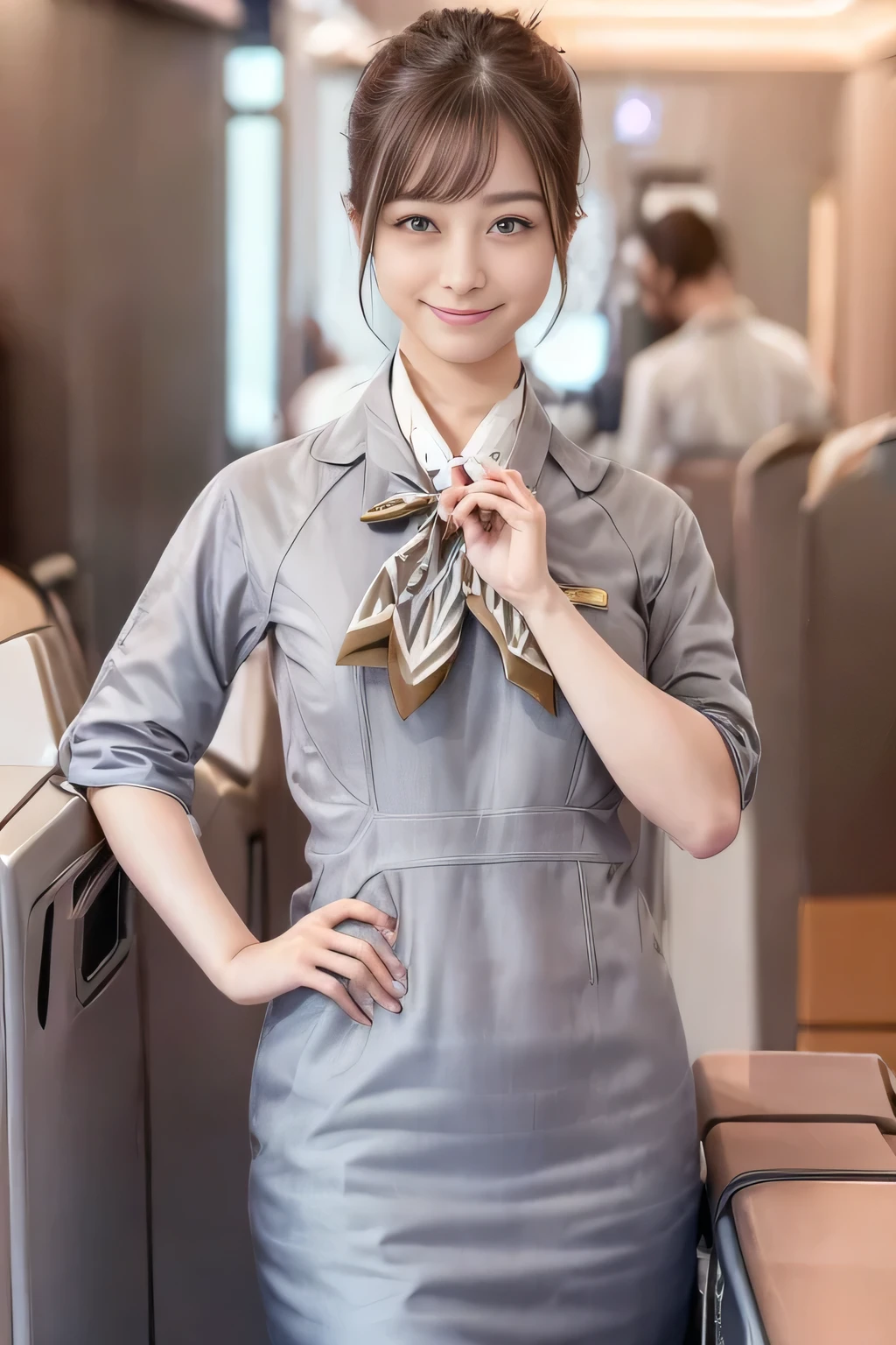 (masterpiece:1.2、Best Quality:1.2)、32kHDR、High resolution、(alone、1 girl、Slim figure)、（Starlux Airlines Cabincrew Uniform）、 (At the airport counter, Professional Lighting)、A proper woman, Beautiful Face,、（Starlux Airlines Cabincrew Uniform Short Sleeve）、（Starlux Airlines Cabincrew Uniform）、（Scarf on chest）、Big Breasts、（Long Hair、Hair Bun）、Dark Brown Hair、Long Shot、Place your hands underneath your head.、（（Great hands：2.0））、（（Harmonious body proportions：1.5））、（（Normal limbs：2.0））、（（Normal finger：2.0））、（（Delicate eyes：2.0））、（（Normal eyes：2.0））)、Beautiful standing posture、smile
