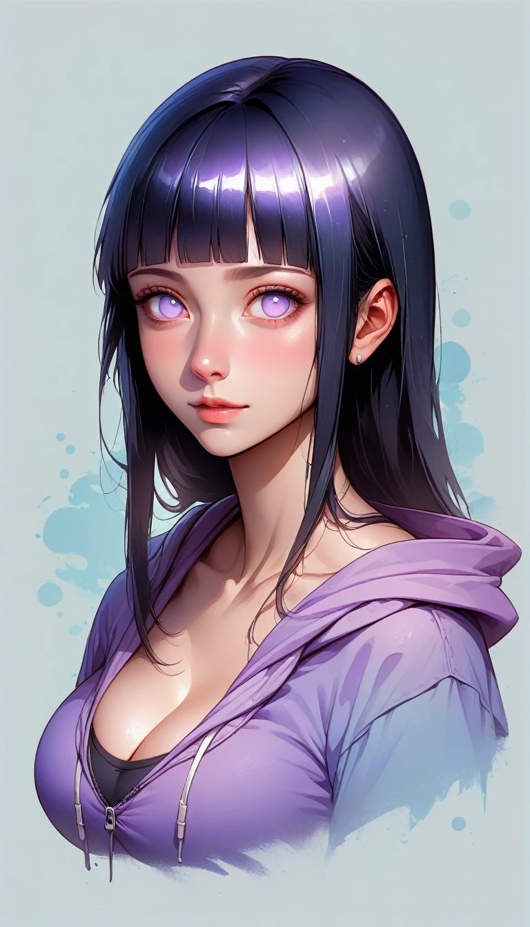 Faded Headshot, faded bottom, faded edges ,score_9,score_8_up,score_7_up,score_6_up,score_5_up, 1girl, hyuuga hinata, purple eyes, white eyes, blunt bangs, black hair, hime cut, long sleeves, hood, short shorts, brown shorts, purple hoodie, , digital illustration, disney, rule 63, full body, perfect anatomy, perfect face, butt showing esthetically, abstract beauty, beautiful, centered, looking at the camera, approaching perfection, dynamic, moonlight, highly detailed, watercolor painting, artstation, concept art, smooth, sharp focus, illustration, (upper body:1.2), (close up:1.5), portrait, huge breasts, deep cleavage,